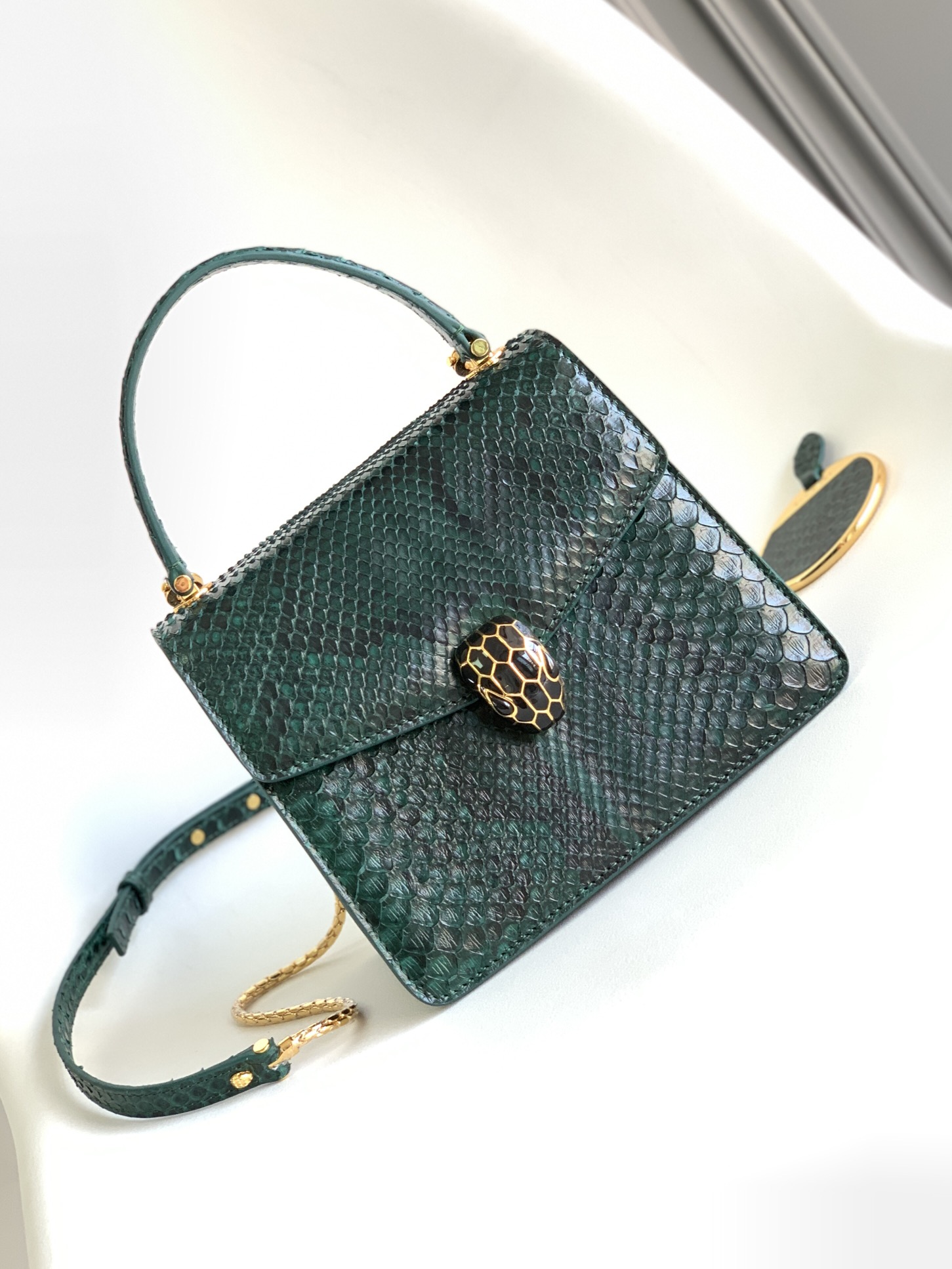 Bvlgari Serpenti Forever Mini Top Handle in Green Python Skin